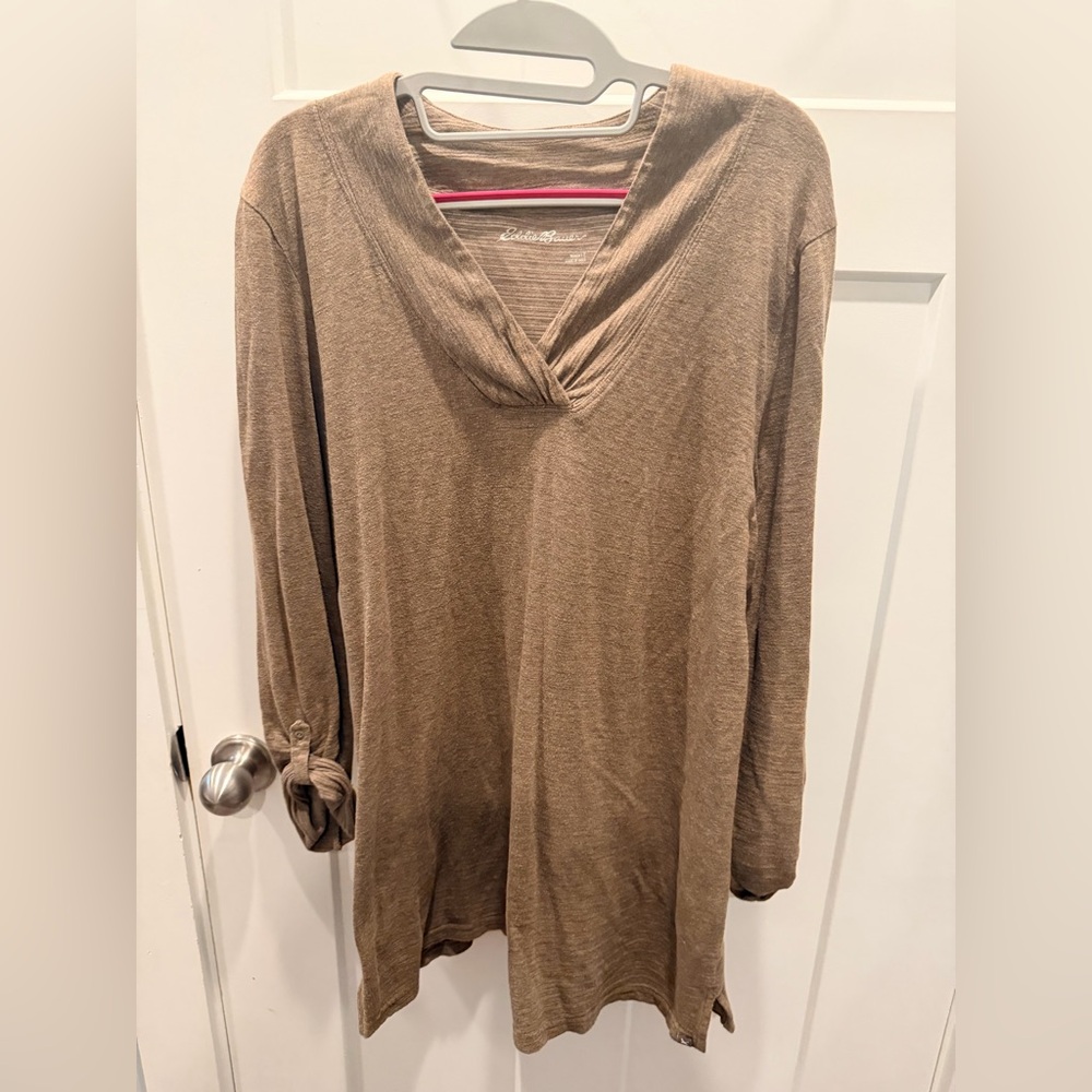 Eddie Bauer Large Brown Twist V Neck Tunic Long Sleeve Top